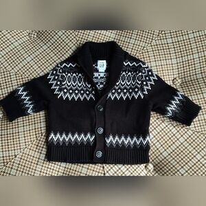 Baby Gap Skiing Bear Black Fair Isle Button Up Sweater With Shawl Collar | 3-6 M